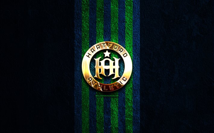 hartford athletic logotipo dourado, 4k, pedra azul de fundo, usl, clube de futebol americano, hartford athletic logotipo, futebol, hartford athletic fc, hartford athletic