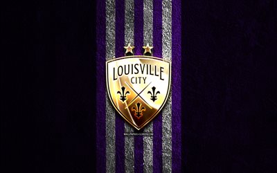 louisville city fc logo dorato, 4k, sfondo di pietra viola, usl, squadra di calcio americana, logo louisville city fc, calcio, louisville city fc