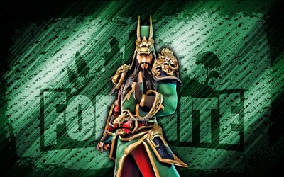 Guan Yu Fortnite, 4k, green diagonal background, grunge art, Fortnite, artwork, Guan Yu Skin, Fortnite characters, Guan Yu, Fortnite Guan Yu Skin