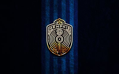 Memphis FC golden logo, 4k, blue stone background, USL, american soccer club, Memphis FC logo, soccer, football, Memphis FC