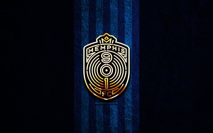 memphis fc logo doré, 4k, fond de pierre bleue, usl, club de football américain, logo memphis fc, soccer, football, memphis fc