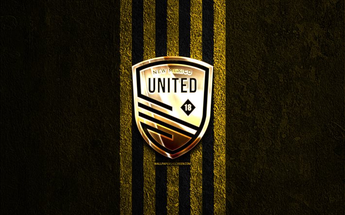 New Mexico United golden logo, 4k, yellow stone background, USL, american soccer club, New Mexico United logo, soccer, New Mexico United FC, football, New Mexico United