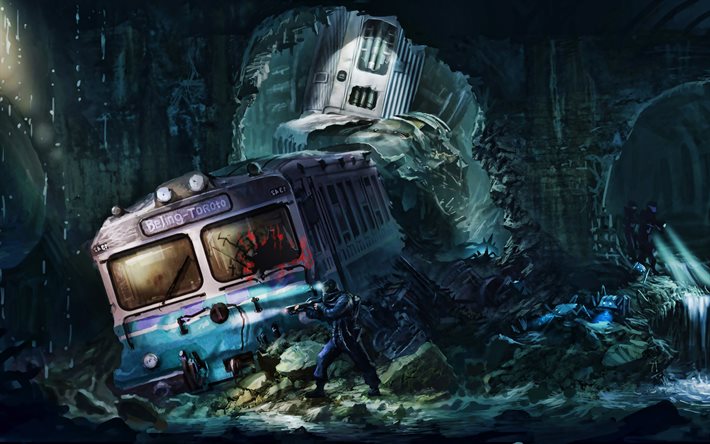 apocalypse, abandoned subway, tunnels, cyberwarriors, subway, broken train, darkness