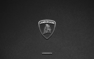 Lamborghini logo, gray stone background, Lamborghini emblem, car logos, Lamborghini, car brands, Lamborghini metal logo, stone texture