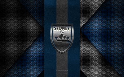 sydney fc, a-league men, textura tejida azul y blanca, logotipo de sydney fc, club de fútbol australiano, emblema de sydney fc, fútbol, sydney, australia