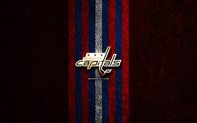 Washington Capitals golden logo, 4k, red stone background, NHL, american hockey team, National Hockey League, Washington Capitals logo, hockey, Washington Capitals
