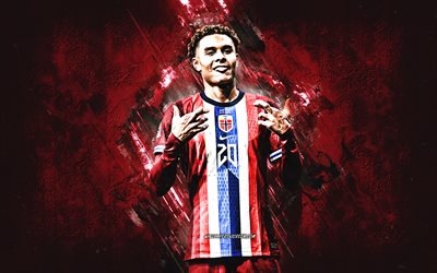 antonio nusa, norge national football team, norsk fotbollsspelare, bourgogne stone bakgrund, norge, fotboll, grunge konst