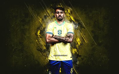 Lucas Paqueta, Brazil national football team, Brazilian football player, attacking midfielder, yellow stone background, Brazil, football