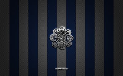 12 de Octubre logo, Paraguayan football team, Paraguayan Primera Division, white blue carbon background, 12 de Octubre emblem, football, 12 de Octubre, Paraguay, 12 de Octubre metal logo
