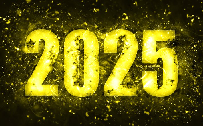 4k, Happy New Year 2025, yellow neon lights, 2025 inscription, 2025 concepts, 2025 Happy New Year, neon art, creative, 2025 yellow background, 2025 year, 2025 yellow digits, 2025 backgrounds