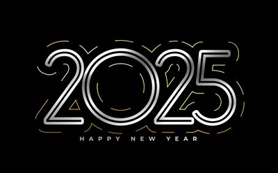 Happy New Year 2025, black background, 2025 backgrounds, 2025 concerts, silver metal 2025 background