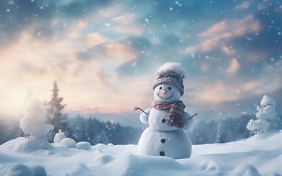 3d snowman, winter, abend, sonnenuntergang, schnee, märchencharaktere