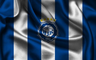 4k, HJK Helsinki logo, blue white silk fabric, Finnish football team, HJK Helsinki emblem, Veikkausliiga, HJK Helsinki, Finland, football, HJK Helsinki flag, FC Helsinki