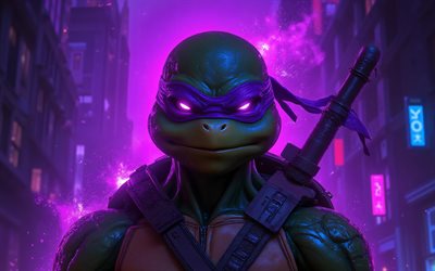 4k, donatello, obscurité, art 3d, tortues ninja adolescentes mutantes, yeux violets, créatif, caractères tmnt, tortues mutées, donatello 3d, tmnt, tortues ninja