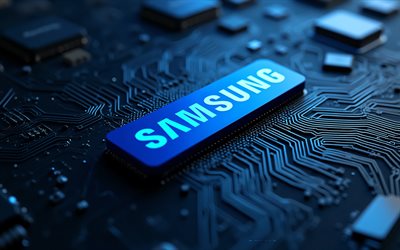 logotipo azul de samsung, 4k, fondo de tecnología azul, emblema de samsung, logotipo 3d azul de samsung, signo de samsung, placa base negra, signo azul de samsung, logotipo de samsung, samsung