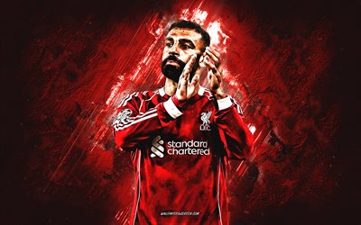muhammed salah, liverpool fc, kırmızı taş arka plan, portre, gol kutlaması, sanat, premier lig, liverpool, ingiltere, futbol, mısırlı futbolcu, mo salah, muhammed salah liverpool