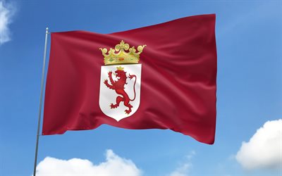 bandera de león en el asta de la bandera, 4k, provincias españolas, cielo azul, bandera de leon, banderas de raso onduladas, bandera de león, provincias de españa, dia de leon, españa, provincia de león, león