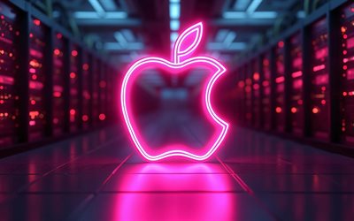 4k, apple rosa neon logo, bokeh, elektronikmarken, racks für rechenzentren, kunstwerk, apple logo, dunkelheit, markenlogo, apple neon logo, apfel, marken, leuchtendes apple logo
