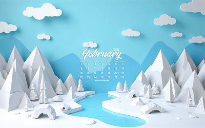 2026 February calendar, 3D plaster winter landscape, February 2026 calendar, winter background, February calendar 2026, winter concepts, February, winter, 2026 calendars
