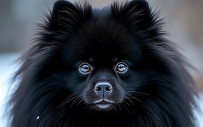 Black Pomeranian Spitz, 4k, winter, bokeh, forest, dogs, muzzle, cute animals, spitz, pets, Pomeranian Spitz, dog in forest, Pomeranian Spitz Dog
