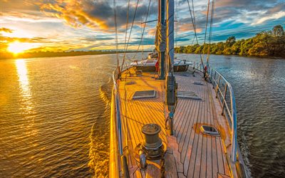 sailboat, deck, mast, sunset, lake, luxury yacht, evening