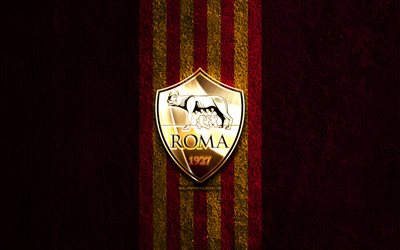 logotipo de as roma dorado, 4k, fondo de piedra púrpura, serie a, club de fútbol italiano, logotipo de as roma, fútbol, ​​emblema de as roma, as roma, ​​roma fc