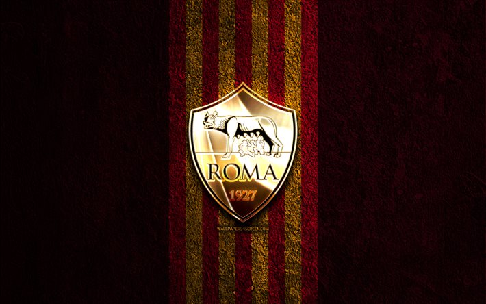 asローマの金色のロゴ, 4k, 紫色の石の背景, セリエa, イタリアのサッカークラブ, asローマのロゴ, サッカー, asローマのエンブレム, asローマ, フットボール, ローマfc