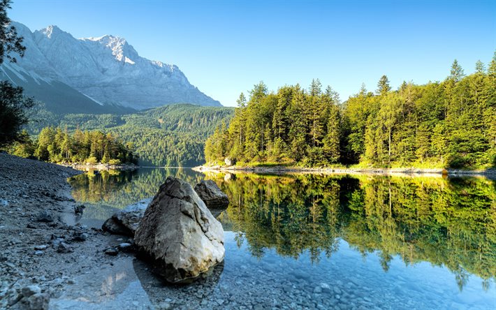Lake Eibsee, 4k, summer, forest, mountains, german landmarks, lakes, Alps, Bavaria, Germany, Eibsee, Europe
