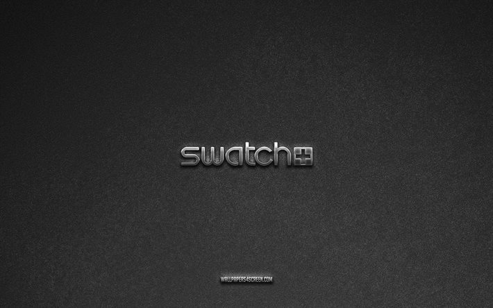 swatch logosu, gri taş arka plan, swatch amblemi, üretici logoları, swatch, üretici markalar, swatch metal logo, taş doku