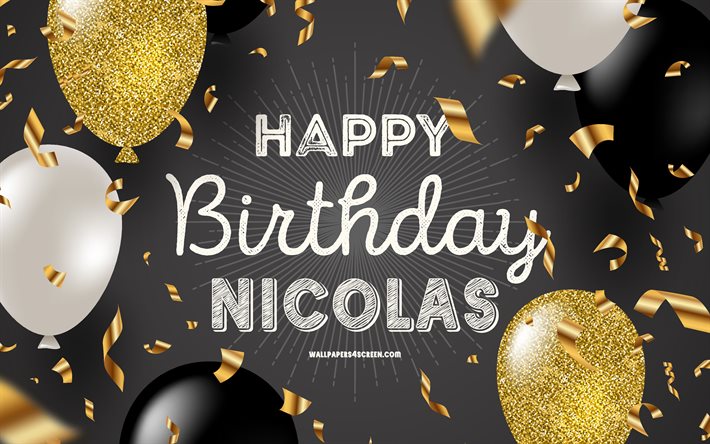 4k, 니콜라스 생일 축하해, 검은 황금 생일 배경, 니콜라스 생일, 니콜라스, 황금 검은 풍선