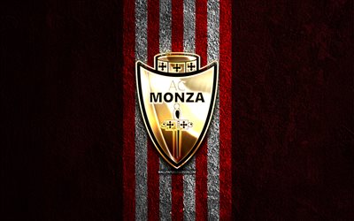 ac monza goldenes logo, 4k, roter steinhintergrund, serie a, italienischer fußballverein, ac monza-logo, fußball, ac monza-emblem, ac monza, monza fc