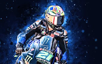 Franco Morbidelli, 4k, blue neon lights, Yamaha Motor Racing, MotoGP, italian motorcycle racers, motorcyclists, blue abstract background, Yamaha Factory Racing, Franco Morbidelli 4K