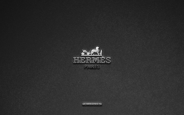 Hermes logo, gray stone background, Hermes emblem, manufacturers logos, Hermes, manufacturers brands, Hermes metal logo, stone texture