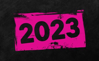 4k, 2023 feliz ano novo, roxo grunge dígitos, pedra cinza de fundo, 2023 conceitos, 2023 resumo dígitos, feliz ano novo 2023, grunge arte, 2023 fundo roxo, 2023 ano