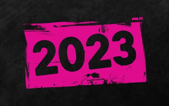 4k, 2023年明けましておめでとうございます, 紫色のグランジ数字, 灰色の石の背景, 2023年のコンセプト, 2023 抽象数字, 明けましておめでとうございます 2023, グランジアート, 2023 紫色の背景, 2023年