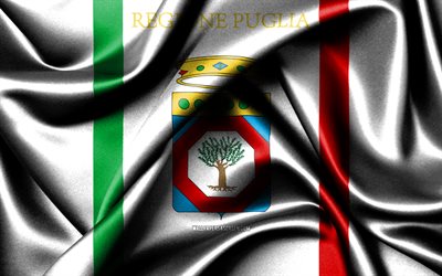 drapeau des pouilles, 4k, régions italiennes, drapeaux en tissu, jour des pouilles, drapeaux de soie ondulés, régions d'italie, pouilles, italie