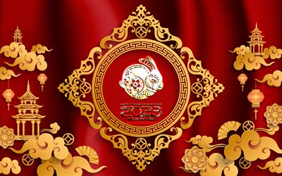 4k, Year of the Rabbit 2023, Happy New Year 2023, chinese abstract background, Year of the Rabbit, 2023 concepts, 2023 Happy New Year, Water Rabbit, creative, 2023 red background, chinese zodiac signs, 2023 year, 2023 golden digits