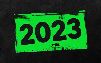 2023 Happy New Year, 4k, green grunge digits, gray stone background, 2023 concepts, 2023 abstract digits, Happy New Year 2023, grunge art, 2023 green background, 2023 year