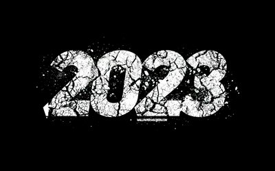 2023 feliz ano novo, 4k, 2023 fundo rachado, 2023 inscrição rachada, 2023 conceitos, 2023 fundo preto, feliz ano novo 2023, arte rachada