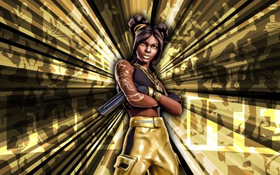 4k, Luxe Fortnite, yellow rays background, Luxe Skin, abstract art, Fortnite Luxe Skin, Fortnite characters, Luxe, Fortnite, creative art