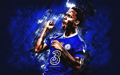 Raheem Sterling, Chelsea FC, portrait, English football player, goal, blue stone background, Premier League, England, football