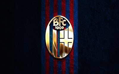 bologne fc logo doré, 4k, fond de pierre bleue, serie a, club de football italien, bologne fc logo, football, bologne fc emblème, bologne fc, bologne fc 1909