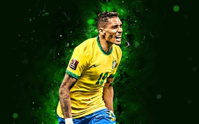 raphinha, 4k, 2022, brasilian maajoukkue, jalkapallo, jalkapalloilijat, vihreät neon valot, raphael dias belloli, brasilian jalkapallojoukkue, raphinha 4k