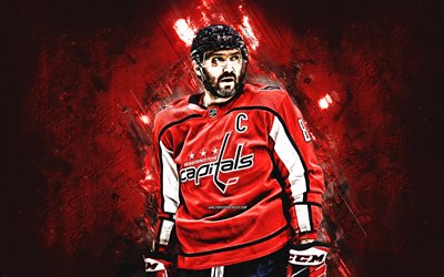 alexander ovechkin, washington capitals, porträtt, rysk hockeyspelare, national hockey league, röd sten bakgrund, nhl, usa, hockey