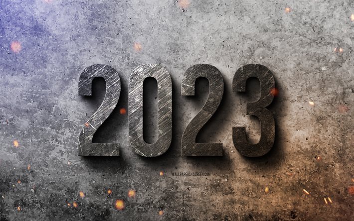 明けましておめでとうございます 2023, 4k, 金属文字, 2023年の金属碑文, 2023年のコンセプト, 2023年の金属の背景, 2023年明けましておめでとうございます, 金属の質感, 2023年の背景