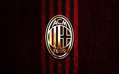 el logotipo de oro del ac milan, 4k, fondo de piedra roja, la serie a, el club de fútbol italiano, el logotipo del ac milan, el fútbol, ​​el emblema del ac milan, el ac milan, ​​el milan fc