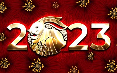 Chinese New Year 2023, 4k, Year of the Rabbit 2023, red 3D flowers, 2023 golden digits, Year of the Rabbit, 2023 concepts, 2023 Happy New Year, Water Rabbit, Happy New Year 2023, chinese zodiac signs, 2023 red background, 2023 year