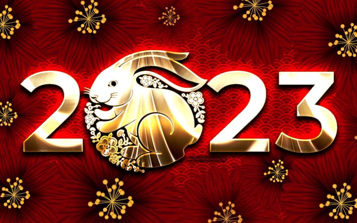 Chinese New Year 2023, 4k, Year of the Rabbit 2023, red 3D flowers, 2023 golden digits, Year of the Rabbit, 2023 concepts, 2023 Happy New Year, Water Rabbit, Happy New Year 2023, chinese zodiac signs, 2023 red background, 2023 year