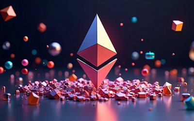 4k, ethereum 3d  logo, bokeh, kryptowährungen, 3d  geometrische formen, dunkler abstrakter hintergrund, kunstwerk, ethereum buntes logo, geometrische kunst, ethereum logo, blockchain, ethereum