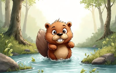 4k, castor, naturaleza abstracta, arte de acuarela, animales lindos, arte de pintar, creativo, castores, animales de dibujos animados, castador lindo, obra de arte, castor de dibujos animados